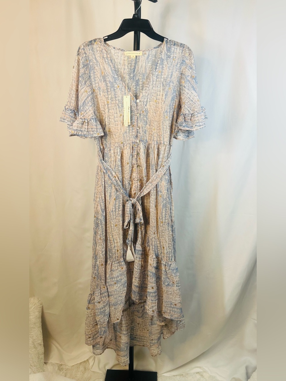 Lovestitch High Low Light Blue and Cream Ruffle-Trim Dress
